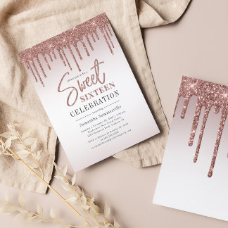 Rose Gold Glitzer Tropfen Script Sweet 16 Einladun