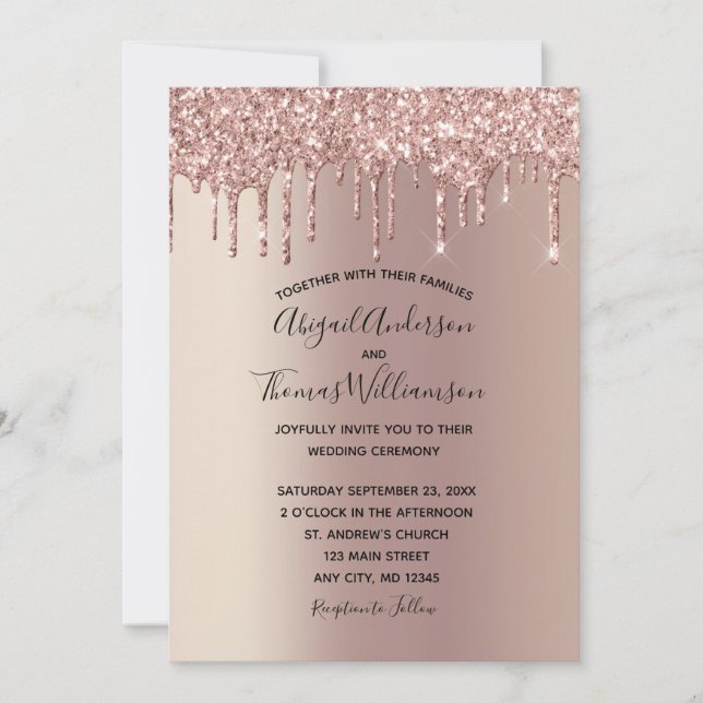 Rose Gold Glitzer Tropfen Trendy Elegante Hochzeit Einladung (Vorderseite)