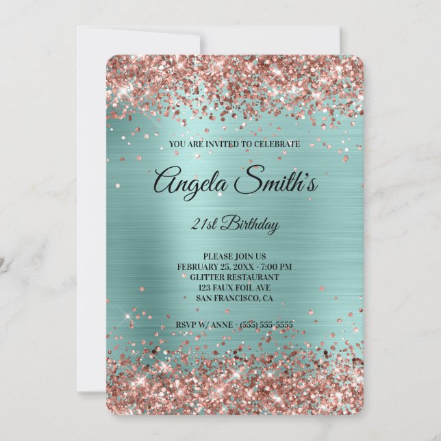 Rose Gold Glitzer Turquoise Foil Extravagant Monog Einladung (Vorderseite)