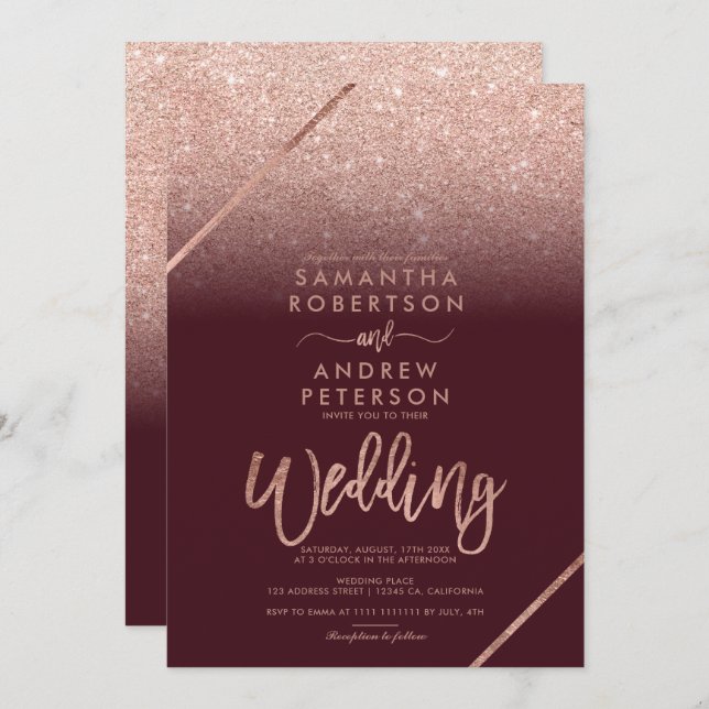 Rose Gold Glitzer Typografie Bordeaux Hochzeit Einladung (Vorne/Hinten)