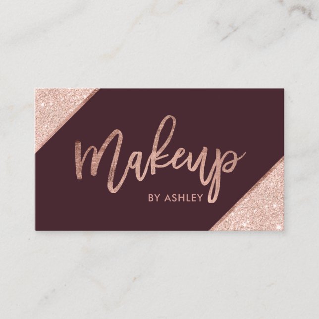 Rose Gold Glitzer Typografie Bordeaux Make-up Visitenkarte (Vorderseite)