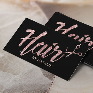 Rose Gold Glitzer Typografie Haar Salon Schwarz Visitenkarte