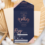 Rose Gold Glitzer Typografie Marine blaue Hochzeit All In One Einladung<br><div class="desc">Elegante schicke Rose Gold Glitzer Typografie blaue Hochzeit ,  Rose Gold Glitzer Farbe Block Typografie auf anpassbaren marineblau und Imitate Rose goldene geometrische Streifen schicke Hochzeit ,  ideal für elegante,  luxuriöse Hochzeit,  fügen Sie Ihr Foto,  Hochzeitsdetails und uAwg.</div>