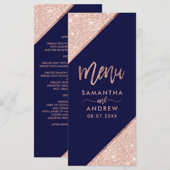 Rose Gold Glitzer Typografie Marine Hochzeitsmenü Menükarte (Vorne/Hinten)