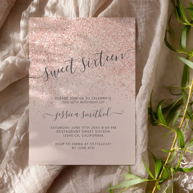 Rose Gold Glitzer Typografie rot Rosa Sweet 16 Einladung (Von Creator hochgeladen)