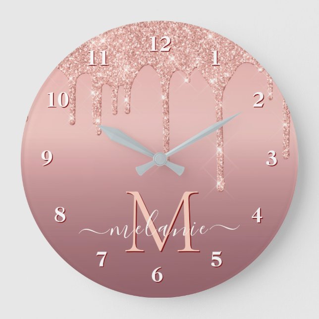 Rose Gold Glitzer Uhr Individuelle Name und Buchst (Vorderseite)