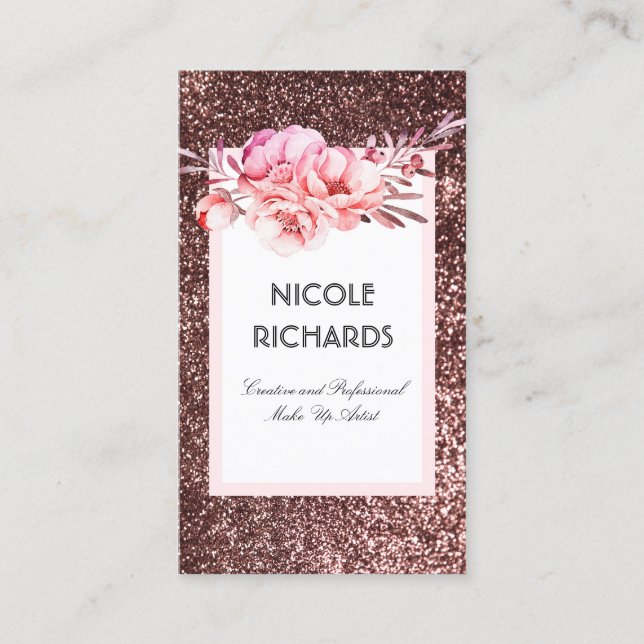 Rose Gold Glitzer und Aquarell Blume Vintag Visitenkarte (Vorderseite)