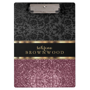 Rose Gold Glitzer und Black Damask Klemmbrett