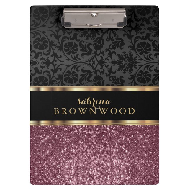 Rose Gold Glitzer und Black Damask Klemmbrett (Vorderseite)