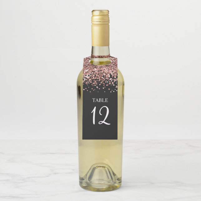 Rose Gold Glitzer und Black Glam Tischnummer Flaschenanhänger (Auf Flasche)