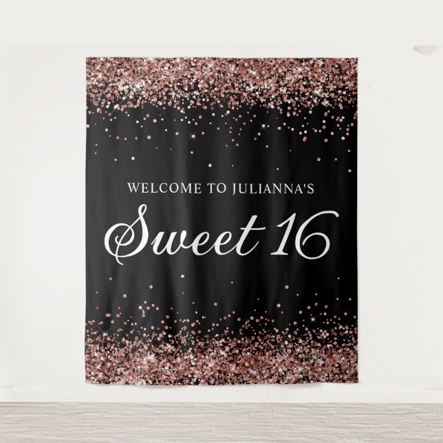 Rose Gold Glitzer und Black Sweet 16 Willkommen Wandteppich (Vorderseite)