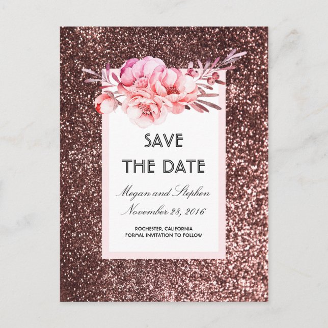 Rose Gold Glitzer und Blush Blume Save the Date Ankündigungspostkarte (Vorderseite)