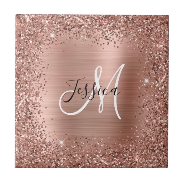 Rose Gold Glitzer und Foil Girly Glam Monogram Fliese (Vorderseite)