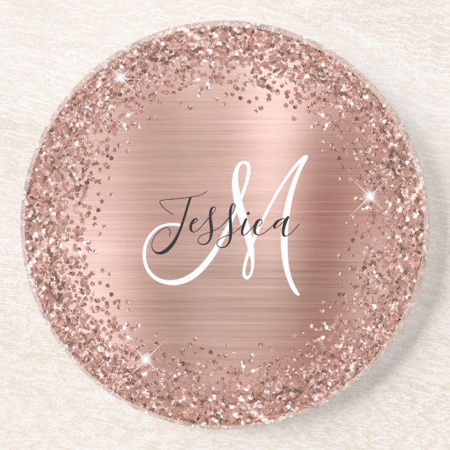 Rose Gold Glitzer und Foil Girly Glam Monogram Getränkeuntersetzer (Vorne)