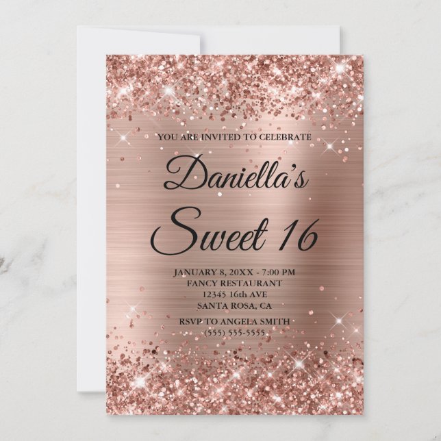 Rose Gold Glitzer und Foil Sweet 16 Einladung (Vorderseite)