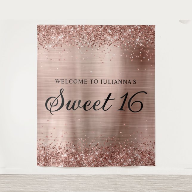 Rose Gold Glitzer und Foil Sweet 16 Willkommen Wandteppich (Vorderseite)