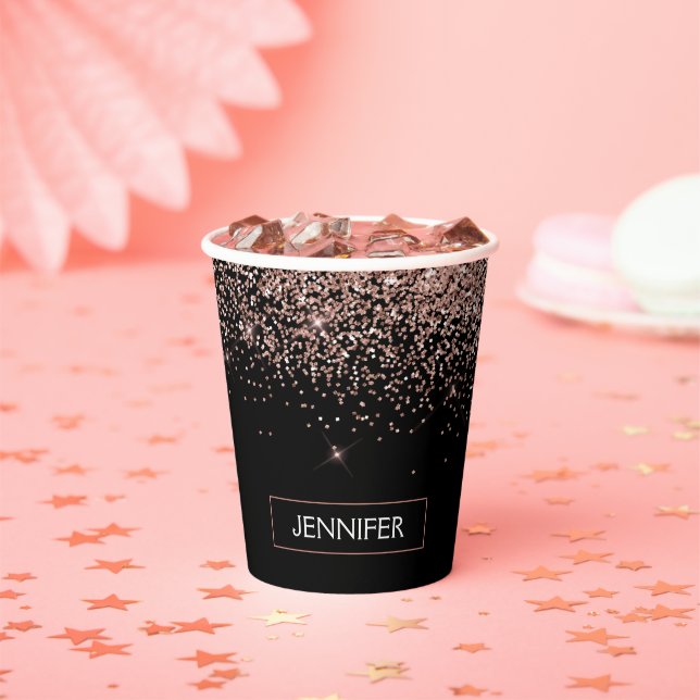 Rose Gold Glitzer und Schwarz Monogram Paper Cups Pappbecher (Insitu)