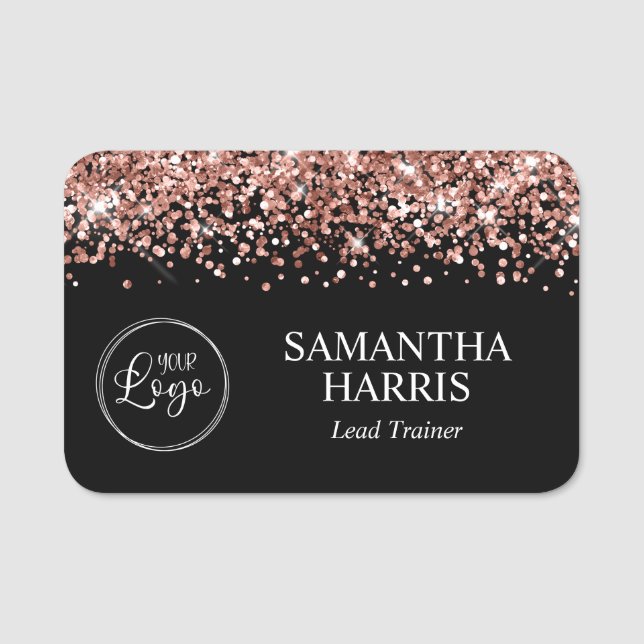 Rose Gold Glitzer und Schwarzes Logo Namensschild (Vorderseite)
