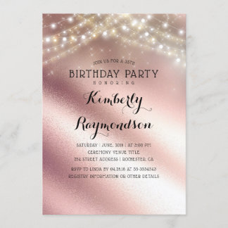 Rose Gold Glitzer und Sring Lights Geburtstag Einladung