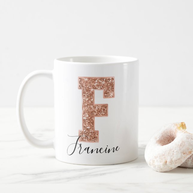Rose Gold Glitzer Varsity Letter Monogram F Kaffeetasse (Mit Donut)