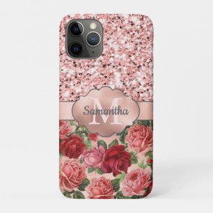 Rose Gold Glitzer Vintage Rose Mit Monogramm Case-Mate iPhone Hülle