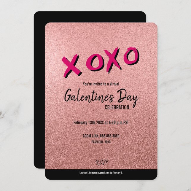 Rose Gold Glitzer Virtual Galentine Einladung (Vorne/Hinten)