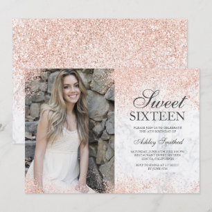 Rose Gold Glitzer weißes Marmor Foto Süß 16 Einladung