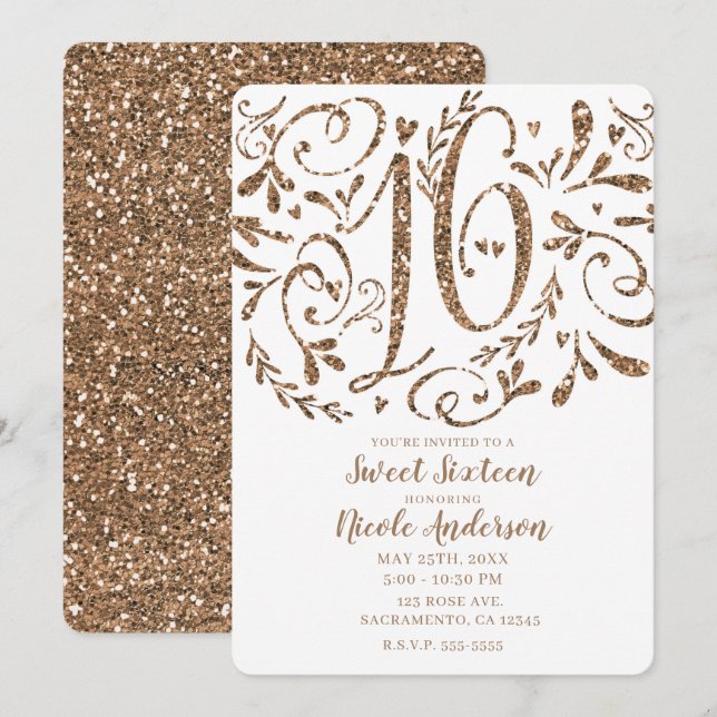 Rose Gold Glitzer Whimsical Lettering Sweet 16 Einladung (Vorne/Hinten)