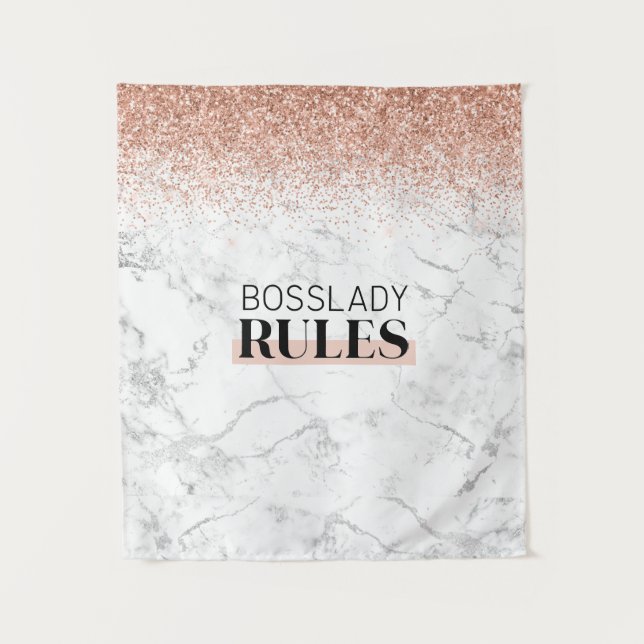 Rose Gold Glitzer White Marble BossLady Rules Logo Wandteppich (Vorderseite)
