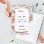 Rose Gold Glitzer White Marble Muslime Hochzeit Einladung<br><div class="desc">Erleben Sie Ihren Gast mit dieser eleganten Hochzeitsveranstaltung mit einem Imitat-Glitzer und Marmorboden mit "Bismillah" in arabischer Kalligraphie und moderner Typografie. Fügen Sie einfach Ihre Veranstaltungsdetails zu dieser einfach zu bedienenden Vorlage hinzu,  um sie zu einer einmaligen Einladung zu machen.</div>