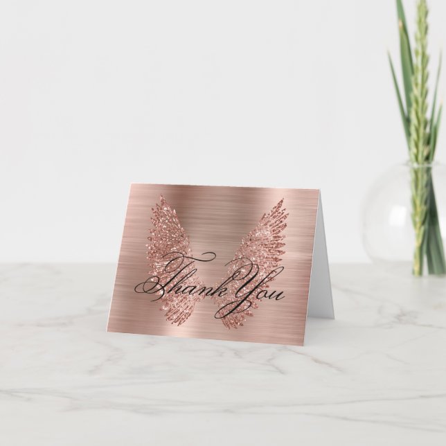 Rose Gold Glitzer Wings and Foil Calligraphy Dankeskarte (Vorderseite)