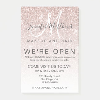 Rose Gold Glitzer Wir sind Open Salon COVID Safe Post-it Klebezettel