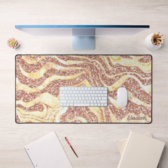 Rose Gold Glitzer Zebra Add Name Monogram Luxus Schreibtischunterlage (Büro 1)