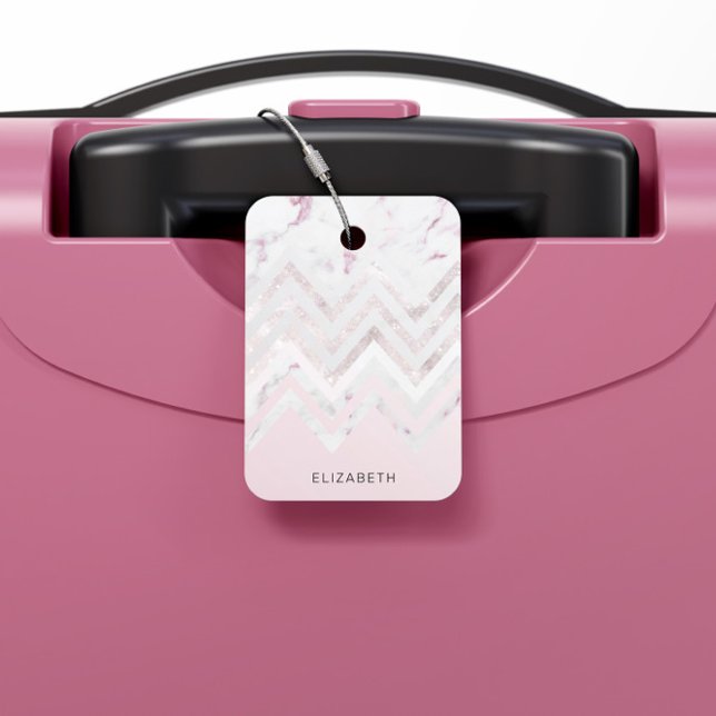 Rose Gold Glitzer Zickzack Rosa Marmormonogramm Gepäckanhänger (Von Creator hochgeladen)