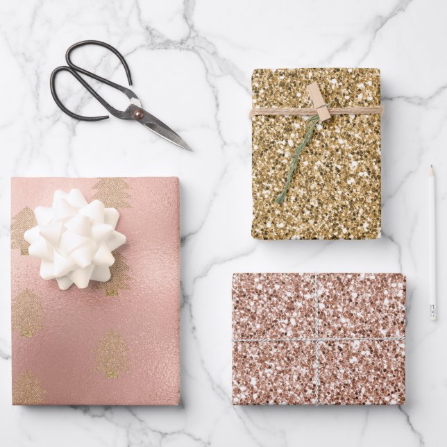 Rose Gold Glitzy Glitter Christmas Tree    Geschenkpapier Set (Vorderseite)