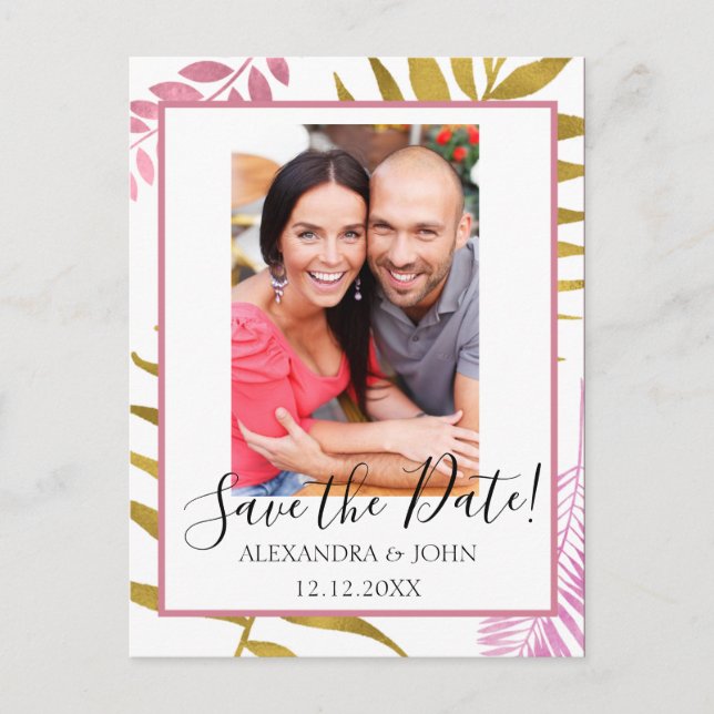 Rose Gold & Gold Foil Tropisch Save the Date Ankündigungspostkarte (Vorderseite)