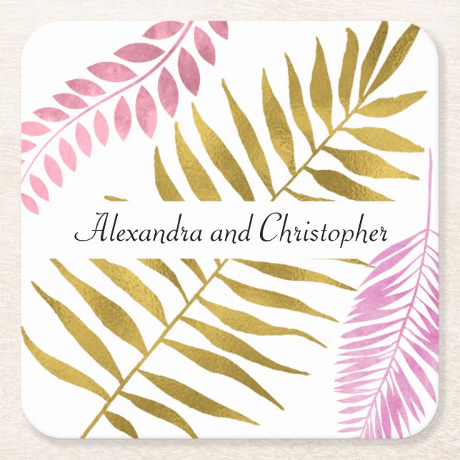 Rose Gold & Gold Foil Tropische Hochzeitsfeiern Un Rechteckiger Pappuntersetzer (Vorderseite)