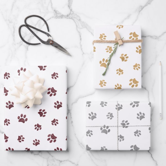 Rose Gold, Gold und Silber Glitzer Paw Prints Geschenkpapier Set (Vorderseite)
