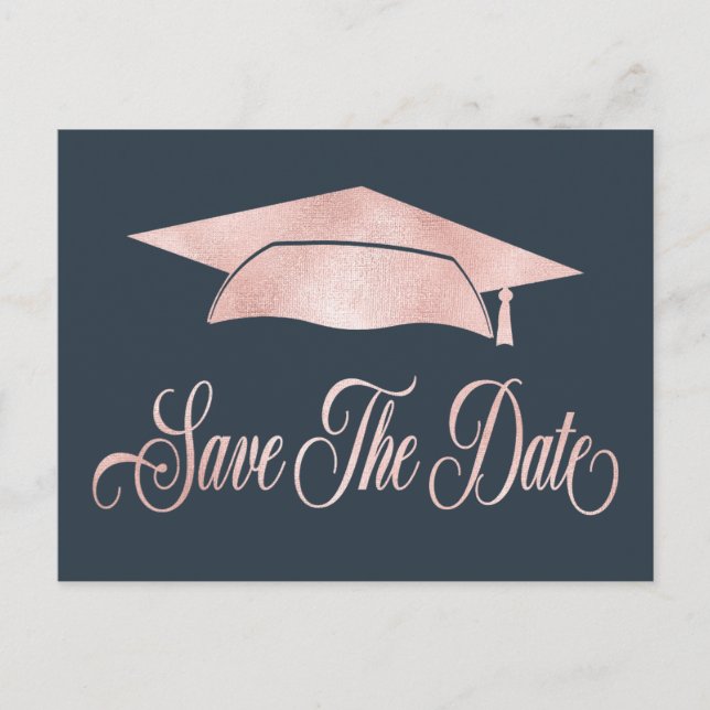 Rose Gold Graduation Cap Save the Date blau Ankündigungspostkarte (Vorderseite)