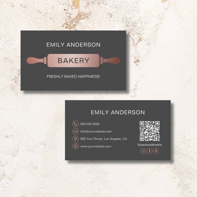Rose Gold Grau Rolling Button Bäckerei QR Code Visitenkarte (Rose Gold Gray Rolling Pin Bakery QR Code Business Card)