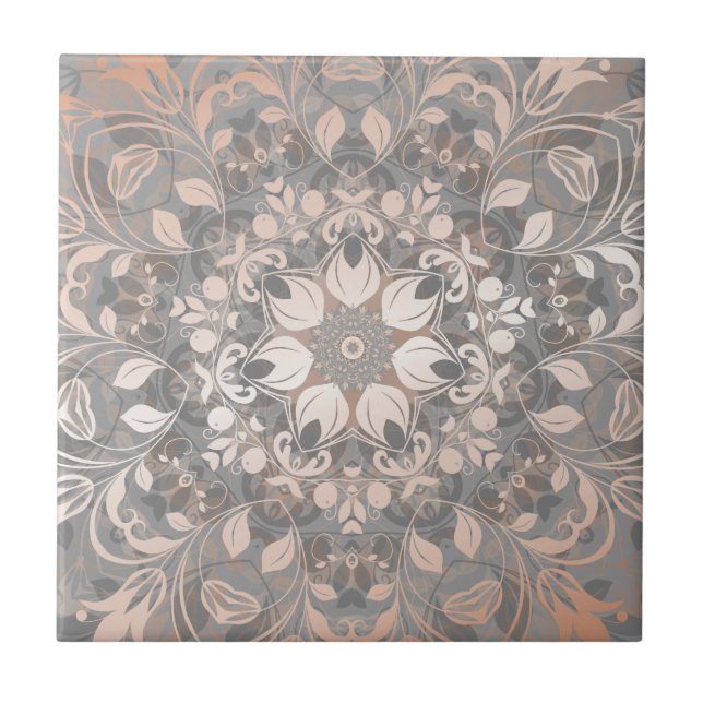 Rose Gold Graue Florale Mandala Fliese (Vorderseite)