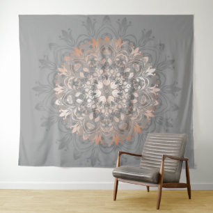 Rose Gold Graue Florale Mandala Wandteppich
