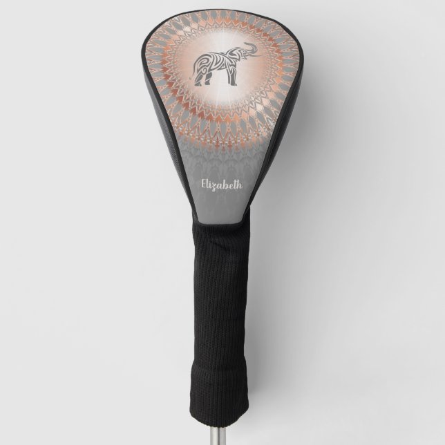 Rose Gold Gray Elephant Mandala Monogram Golf Headcover (Vorderseite)