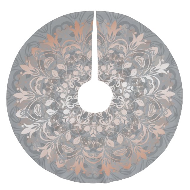 Rose Gold Gray Floral Mandala Brushed Polyester Tr Weihnachtsbaumdecke (Vorderseite)