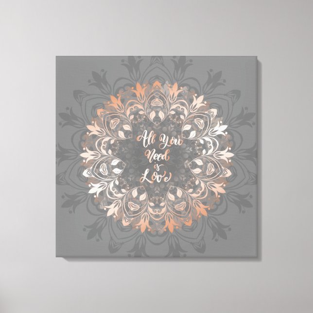 Rose Gold Gray Floral Mandala Liebe Leinwanddruck (Vorderseite)