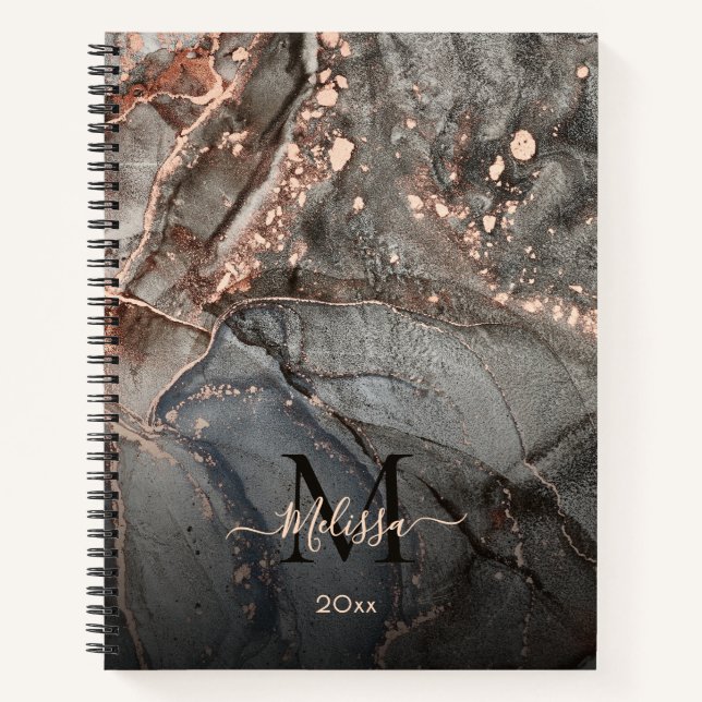 Rose Gold Gray Ink Marble Monogram  Notizbuch (Vorderseite)