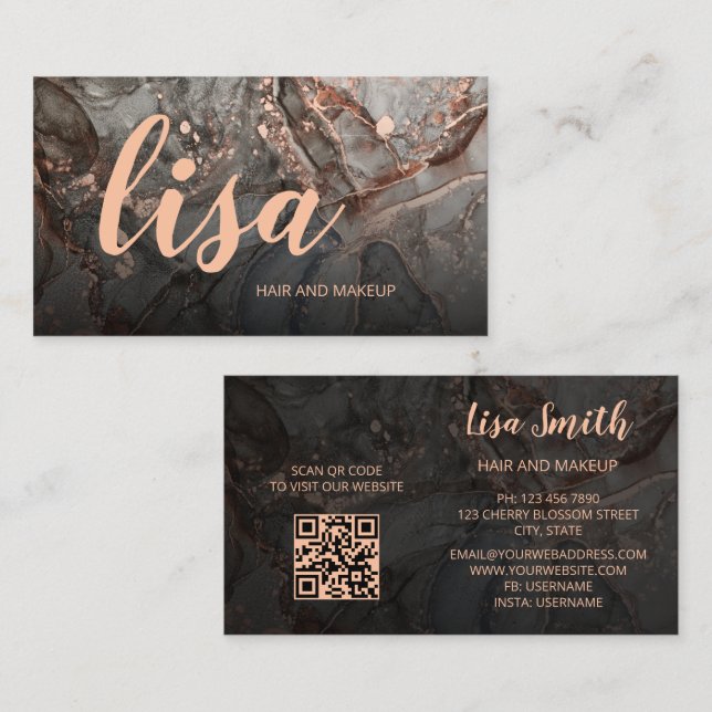 Rose Gold Gray Ink Marble Scan QR Code Business Ca Visitenkarte (Vorne/Hinten)