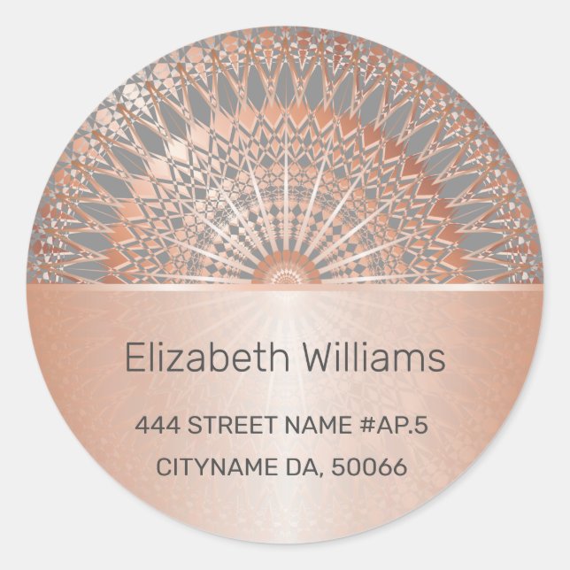 Rose Gold Gray Mandala Address Label Runder Aufkleber (Vorderseite)
