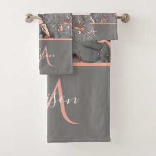 Rose Gold & Gray Marmor Monogram Luxus Badewanne Badhandtuch Set
