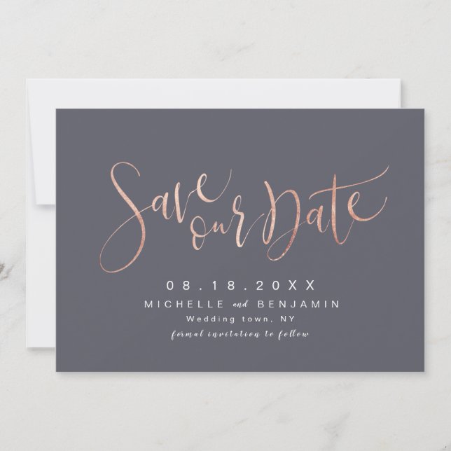 Rose Gold Gray Modernes Einfaches Skript Save the  Date (Vorderseite)
